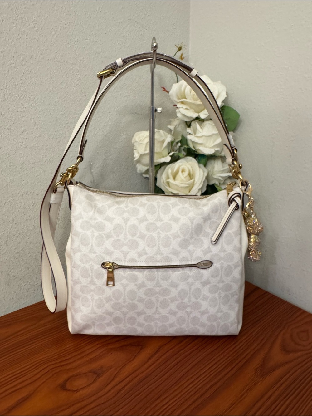 Coach White Signature Canvas Shoulder Bag with Gold Hardware